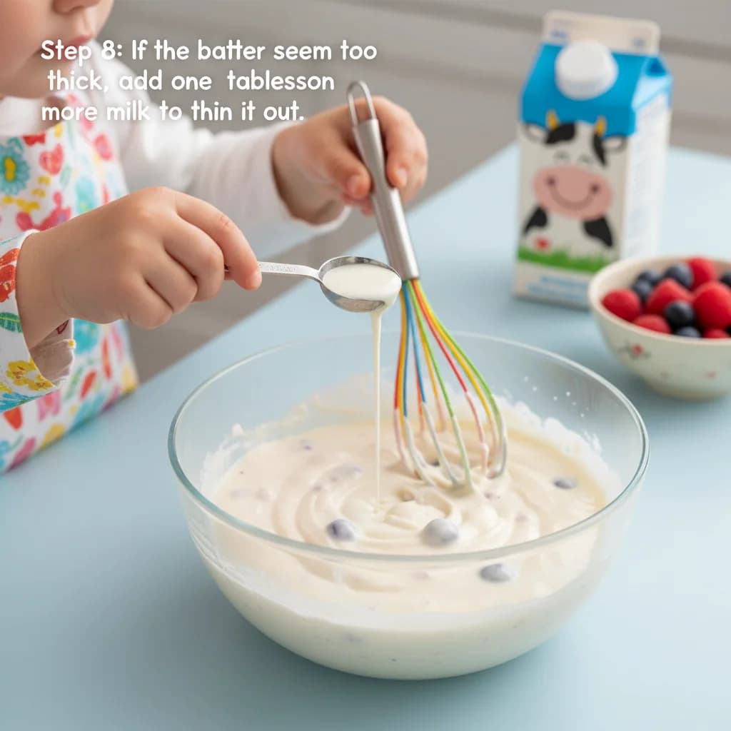 Step 8: If the batter seems too thick, add one tablespoon more milk to thin it out. for Yummy Yogurt Pancakes with Berry Smiles