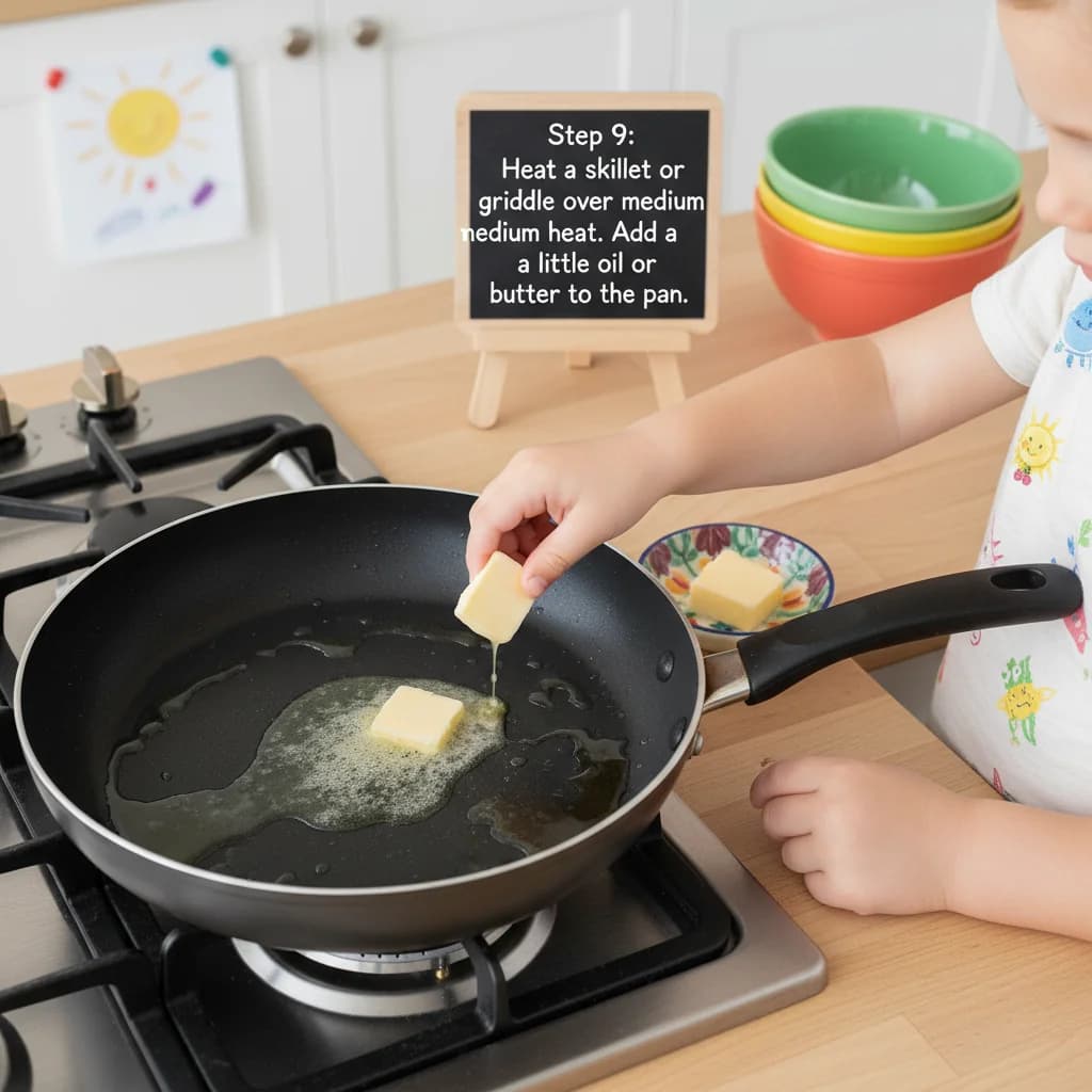 Step 9: Heat a skillet or griddle over medium heat. Add a little oil or butter to the pan. for Yummy Yogurt Pancakes with Berry Smiles