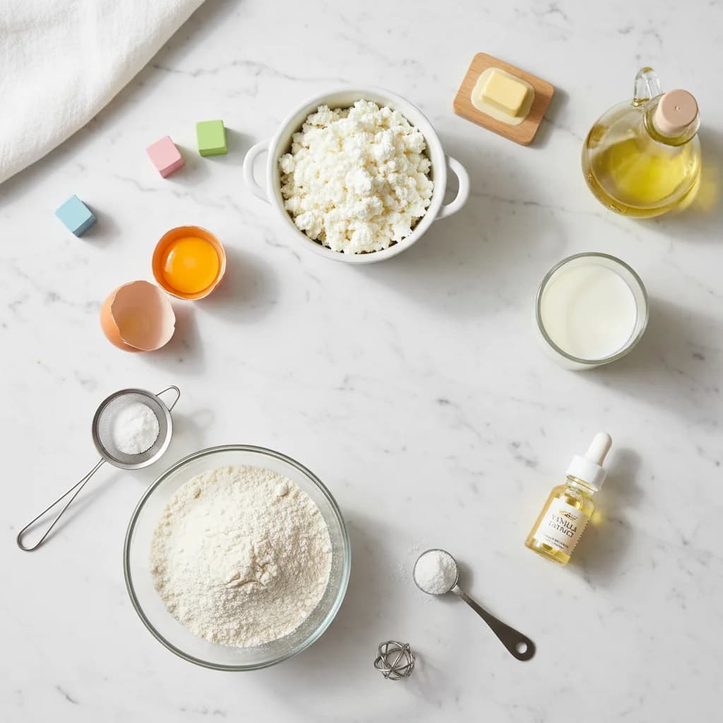 All ingredients needed for Cheesy Cottage Cheese Pancake Bites arranged on a clean surface