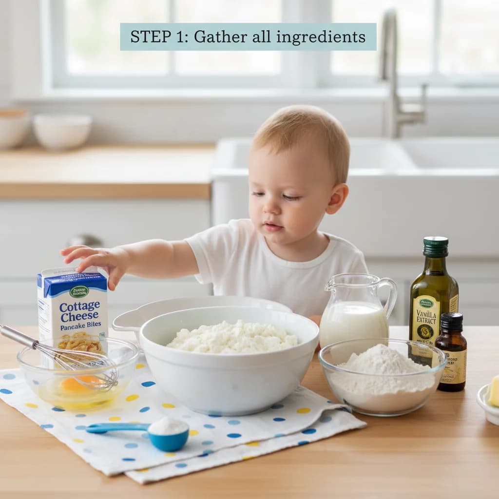 Step 1: Gather all ingredients: cottage cheese, egg, milk, flour, baking powder, vanilla extract (if using), for Cheesy Cottage Cheese Pancake Bites