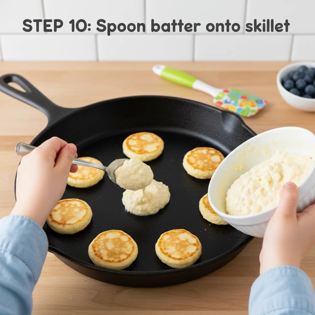 Step 10: Once the skillet is hot, spoon 1-2 tablespoons of batter onto the skillet for each pancake bite. Spa for Cheesy Cottage Cheese Pancake Bites
