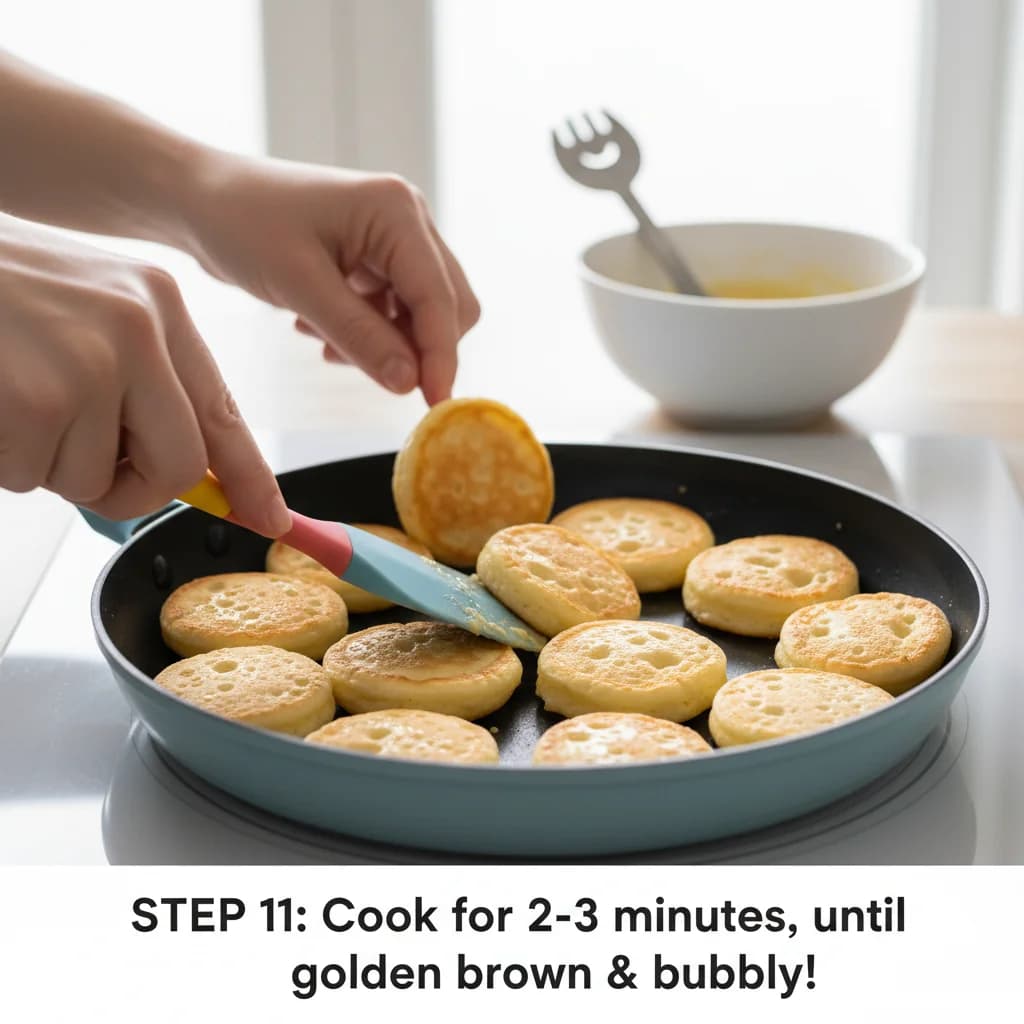Step 11: Cook the pancake bites for 2-3 minutes, or until the bottoms are golden brown and small bubbles star for Cheesy Cottage Cheese Pancake Bites