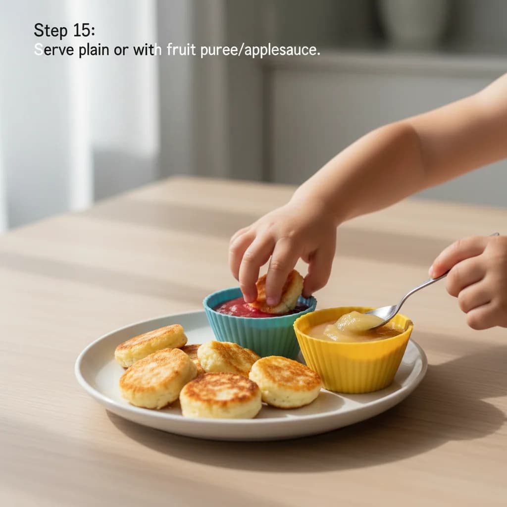 Step 15: Serve the cottage cheese pancake bites plain or with a side of fruit puree or unsweetened applesauce for Cheesy Cottage Cheese Pancake Bites