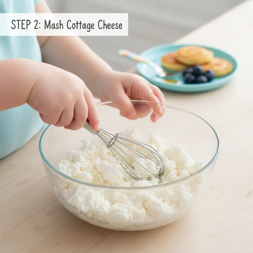 Step 2: In a medium mixing bowl, add the cottage cheese. Use a fork or whisk to mash the cottage cheese, bre for Cheesy Cottage Cheese Pancake Bites