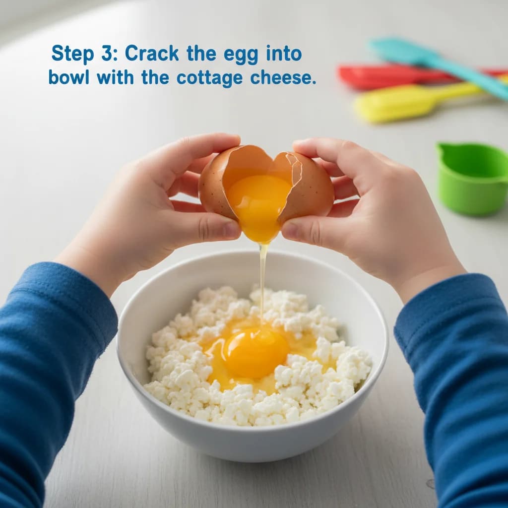 Step 3: Crack the egg into the bowl with the cottage cheese. for Cheesy Cottage Cheese Pancake Bites