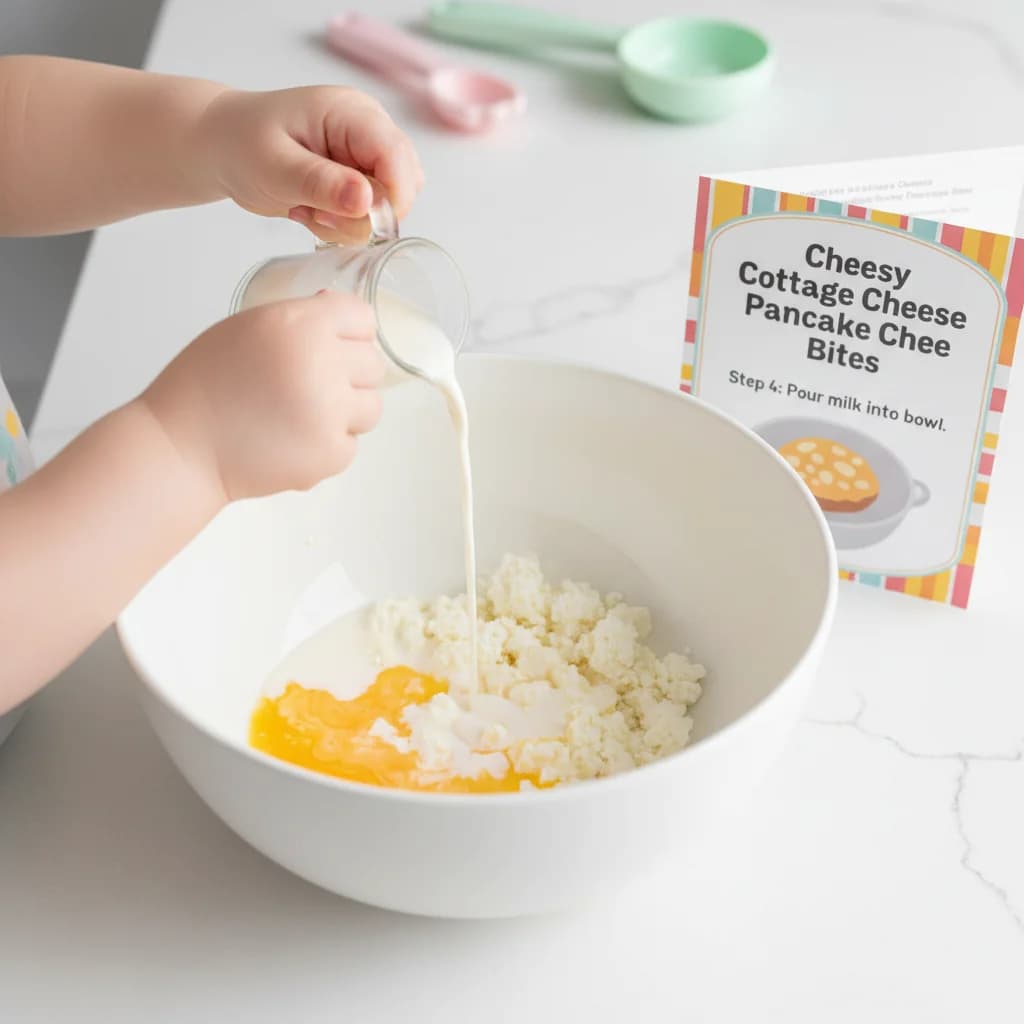 Step 4: Pour the milk into the bowl with the cottage cheese and egg. for Cheesy Cottage Cheese Pancake Bites