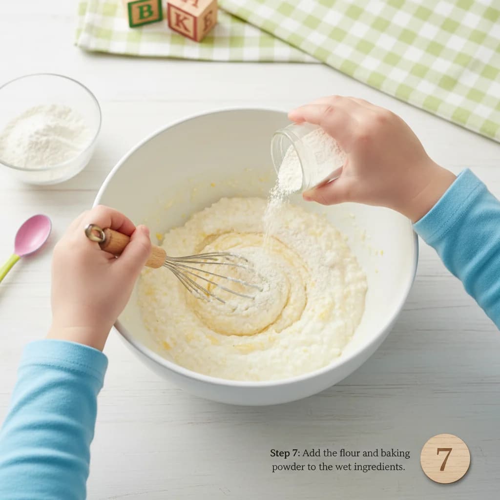 Step 7: Add the flour and baking powder to the wet ingredients. for Cheesy Cottage Cheese Pancake Bites