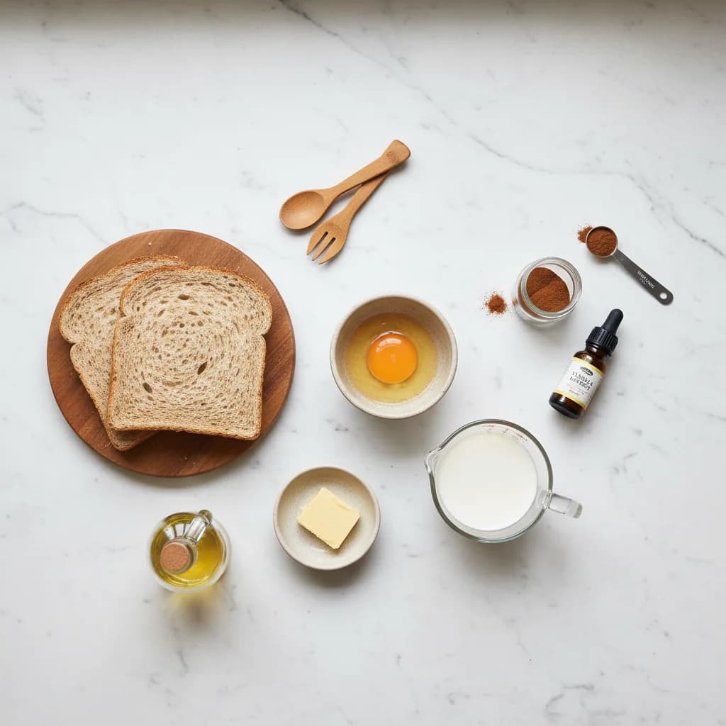 All ingredients needed for Cinnamon French Toast Fingers arranged on a clean surface