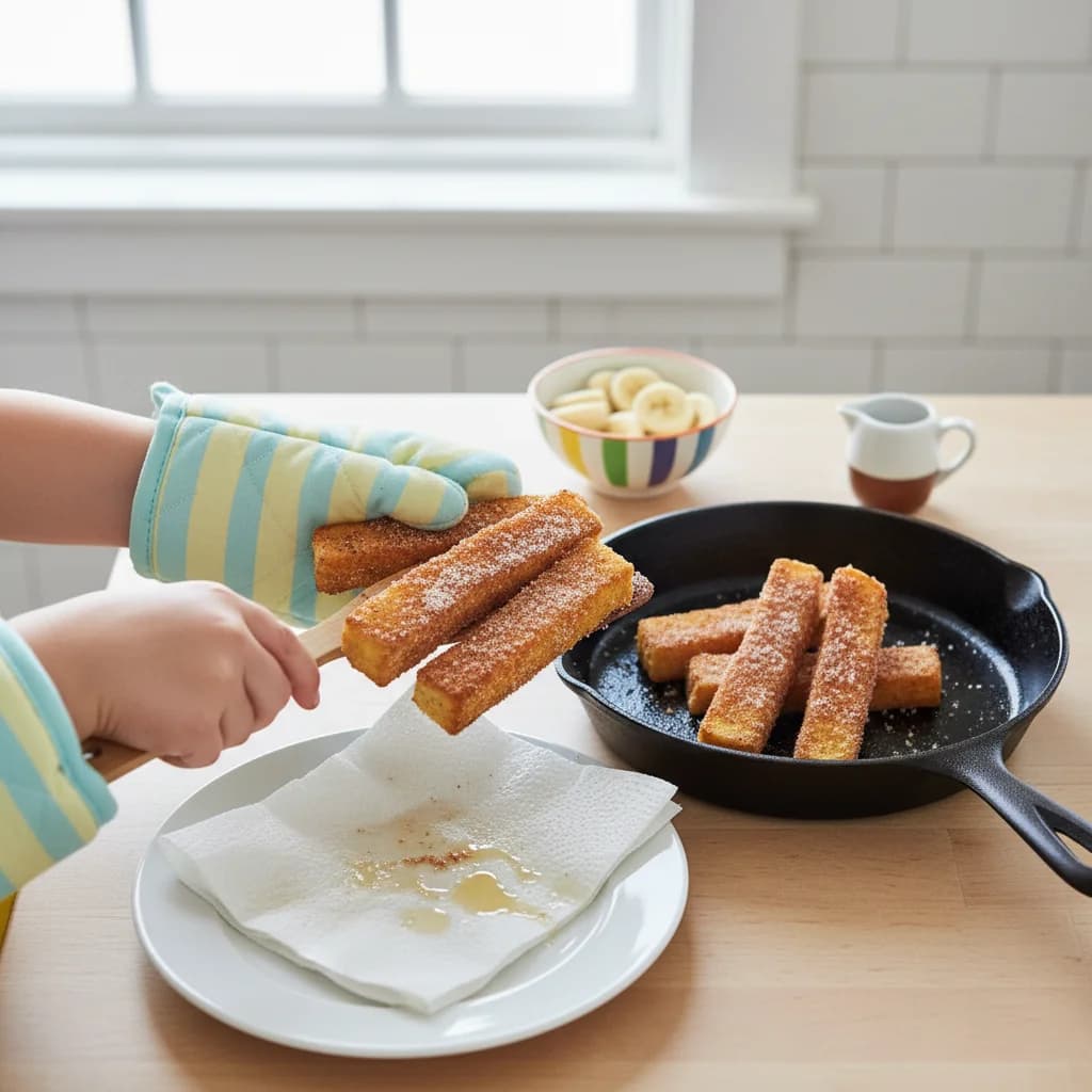 Step 10: Remove the cooked French toast sticks from the skillet and place them on a plate lined with a paper for Cinnamon French Toast Fingers