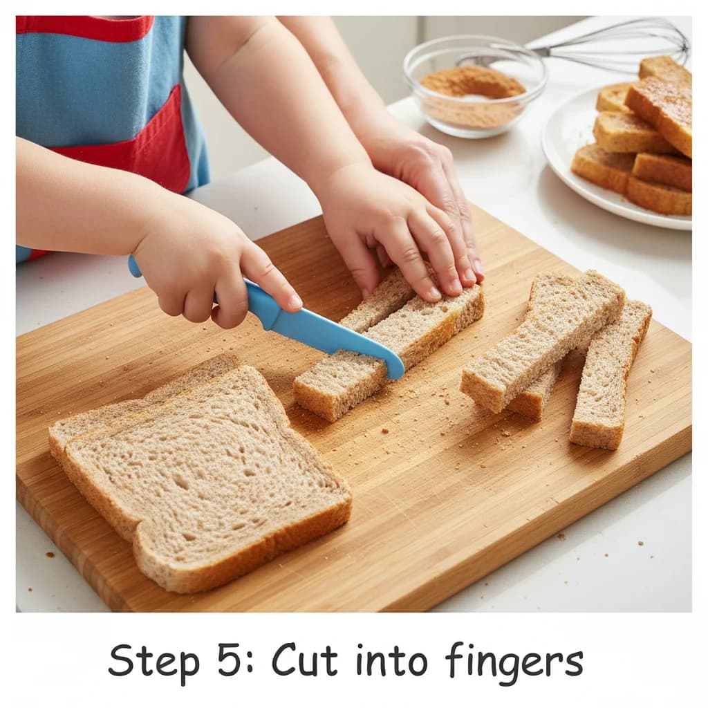 Step 5: Lay the slices of whole wheat bread flat on a cutting board. Using a butter knife or kid-safe knife for Cinnamon French Toast Fingers