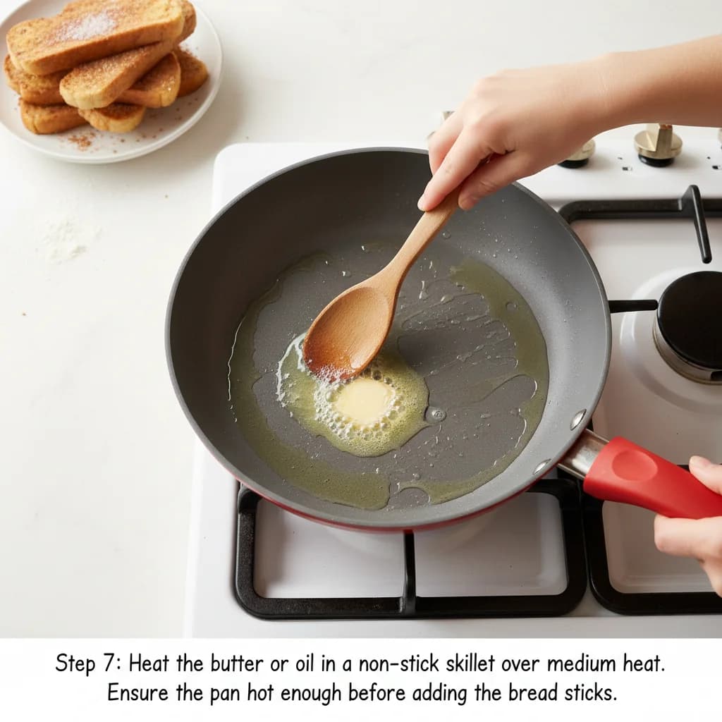 Step 7: Heat the butter or oil in a non-stick skillet over medium heat. Ensure the pan is hot enough before for Cinnamon French Toast Fingers