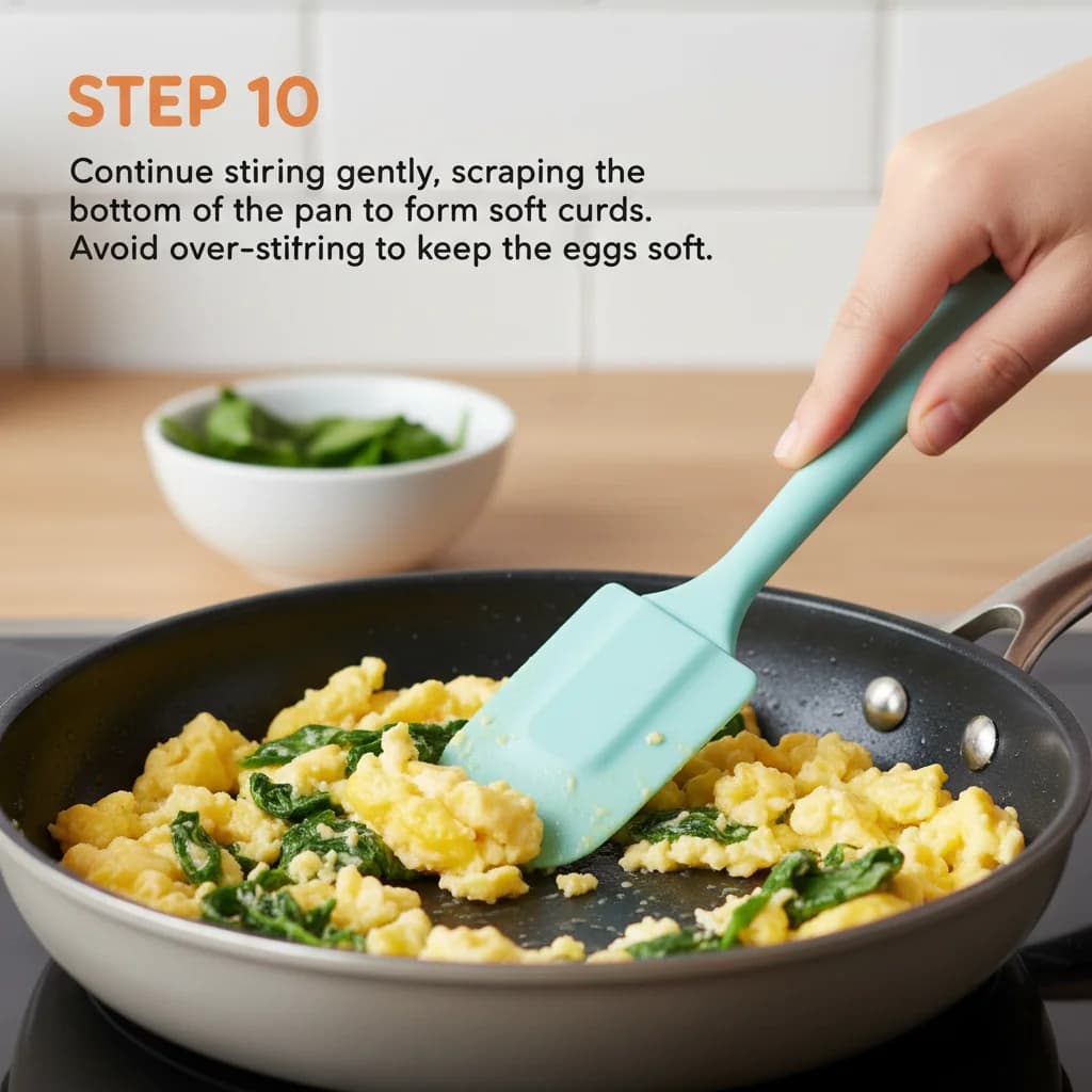 Step 10: Continue stirring gently, scraping the bottom of the pan to form soft curds. Avoid over-stirring to for Sunshine Scramble with Hidden Greens