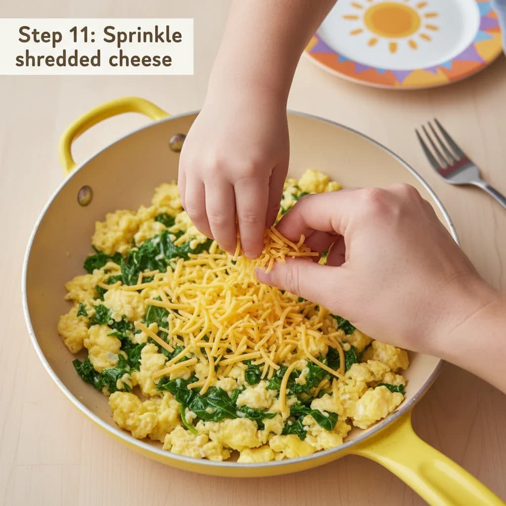 Step 11: Once the eggs are almost fully cooked but still slightly moist, sprinkle the shredded cheese evenly for Sunshine Scramble with Hidden Greens