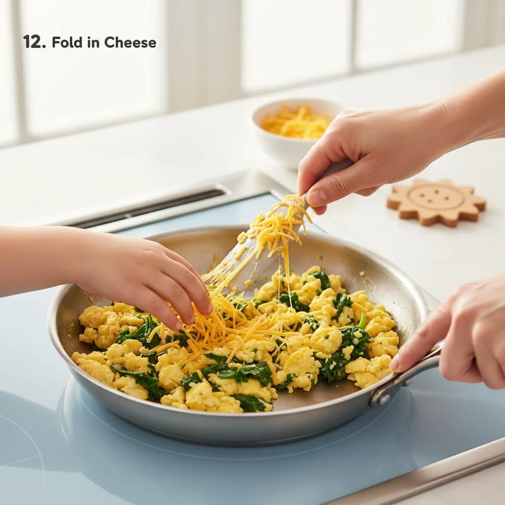 Step 12: Gently fold the cheese into the eggs as they finish cooking. The cheese should melt slightly. for Sunshine Scramble with Hidden Greens