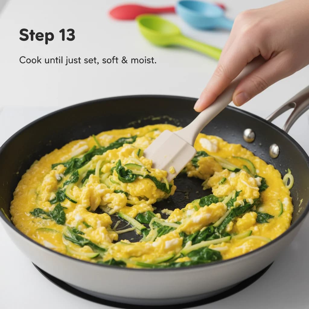 Step 13: Cook until the eggs are just set but not rubbery. They should still be soft and moist for easy chewi for Sunshine Scramble with Hidden Greens