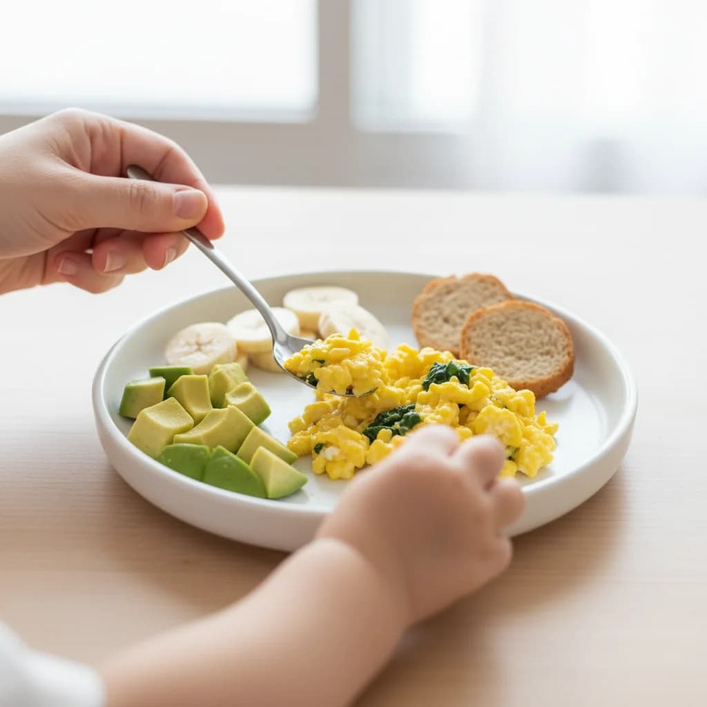 Step 15: Serve the scrambled eggs in small spoonfuls or allow the toddler to pinch small pieces. You can offe for Sunshine Scramble with Hidden Greens