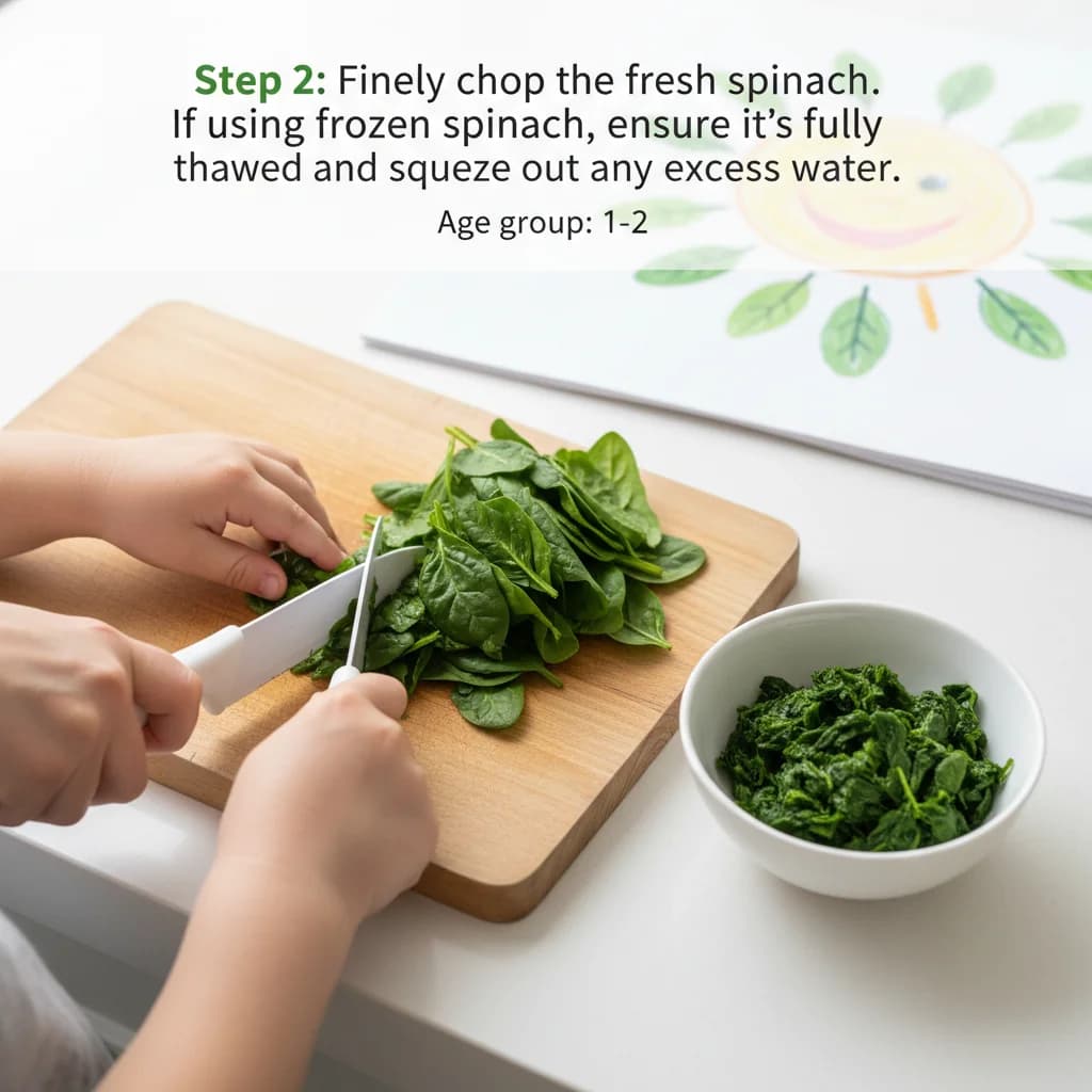 Step 2: Finely chop the fresh spinach. If using frozen spinach, ensure it's fully thawed and squeeze out any for Sunshine Scramble with Hidden Greens