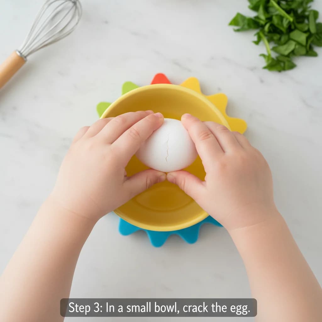 Step 3: In a small bowl, crack the egg. for Sunshine Scramble with Hidden Greens