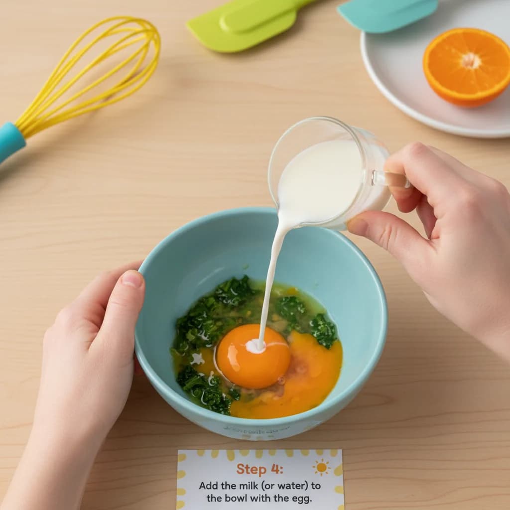 Step 4: Add the milk (or water) to the bowl with the egg. for Sunshine Scramble with Hidden Greens