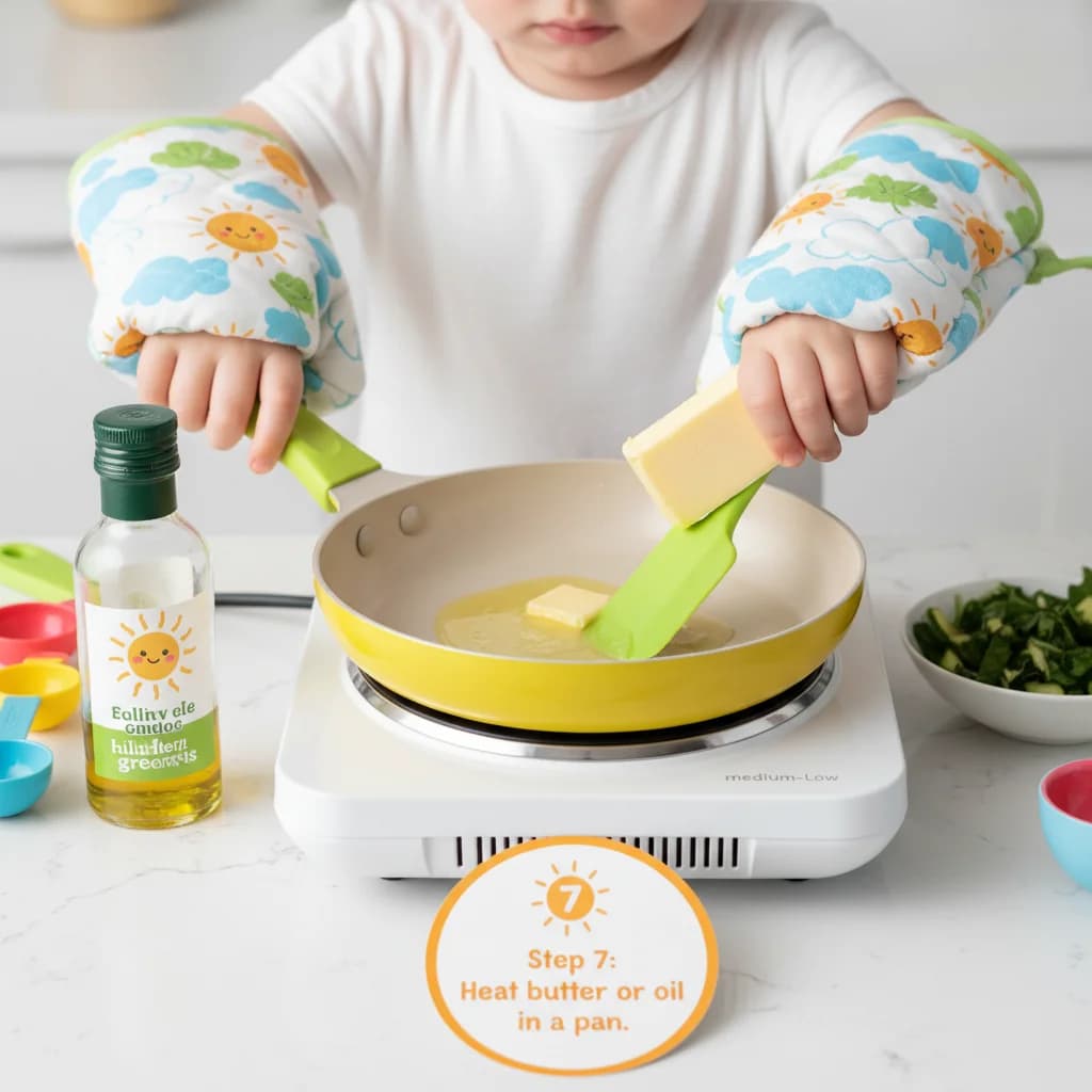 Step 7: Heat the butter or oil in a non-stick pan over medium-low heat. Make sure the pan is lightly coated. for Sunshine Scramble with Hidden Greens
