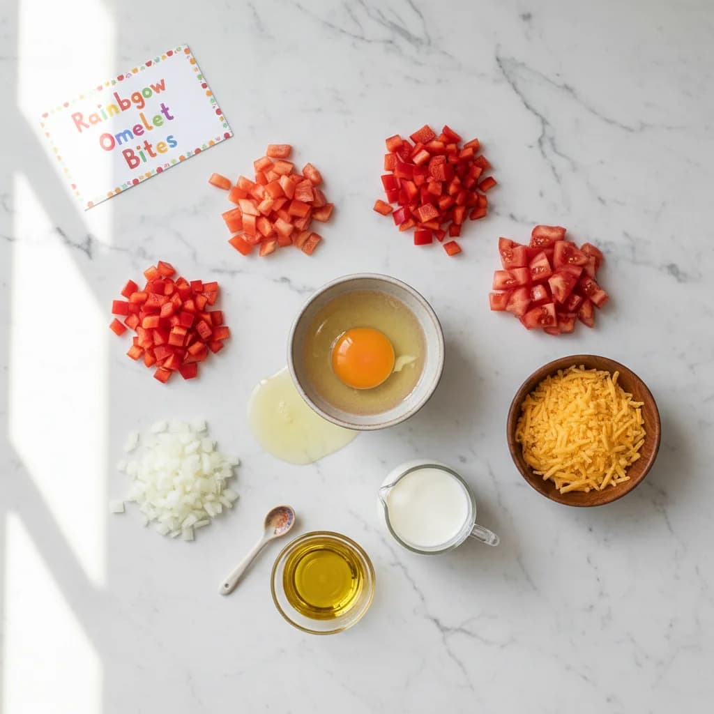All ingredients needed for Rainbow Veggie Omelet Bites arranged on a clean surface