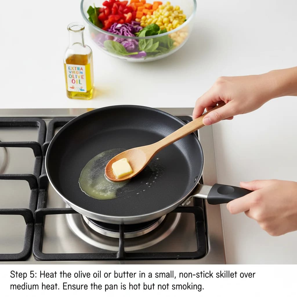 Step 5: Heat the olive oil or butter in a small, non-stick skillet over medium heat. Ensure the pan is hot b for Rainbow Veggie Omelet Bites