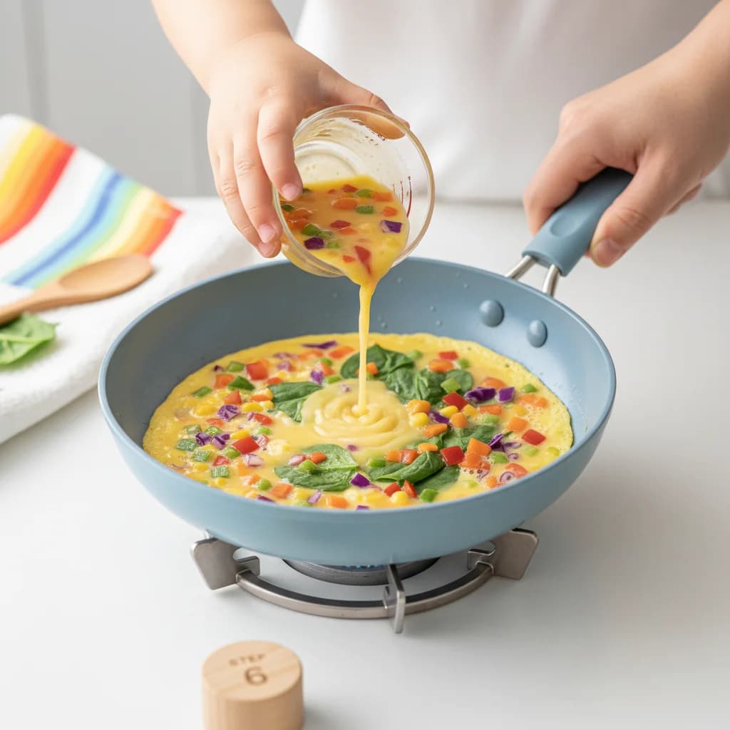 Step 6: Pour the egg and vegetable mixture into the heated skillet. Tilt the pan to spread the mixture evenl for Rainbow Veggie Omelet Bites
