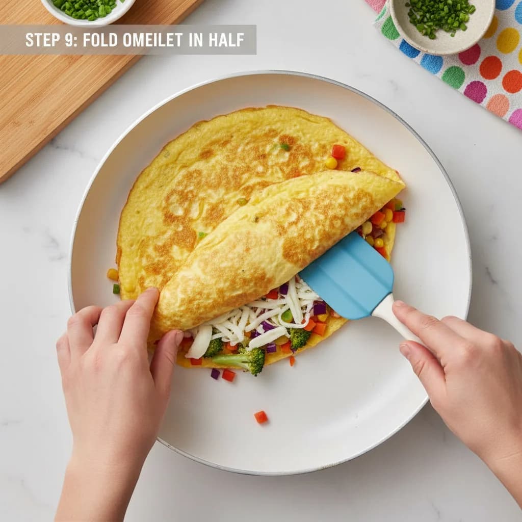 Step 9: Using a spatula, carefully fold the omelet in half over the cheese, creating a half-moon shape. for Rainbow Veggie Omelet Bites