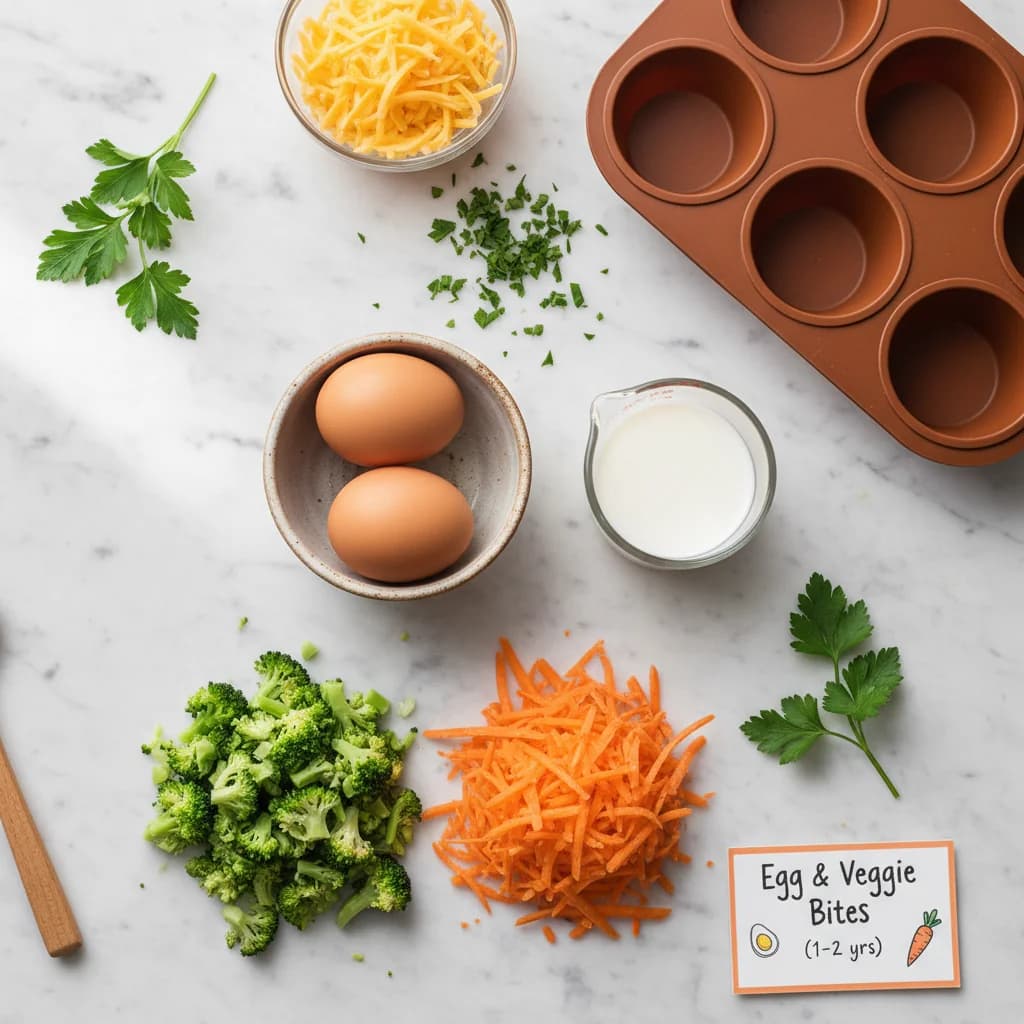 All ingredients needed for Egg & Veggie Bites (Mini Frittatas) arranged on a clean surface
