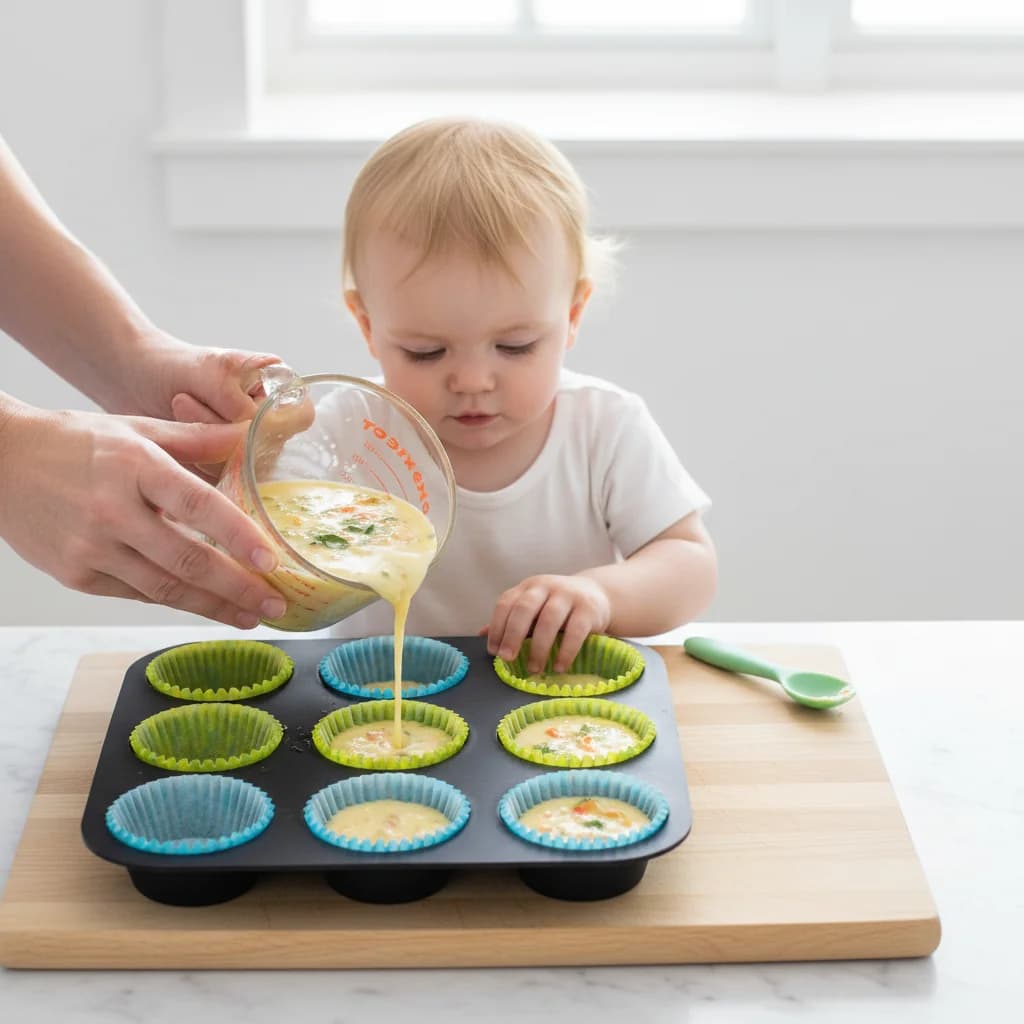 Step 10: Carefully pour the egg mixture into the prepared mini muffin cups, filling each about 3/4 full. Use for Egg & Veggie Bites (Mini Frittatas)