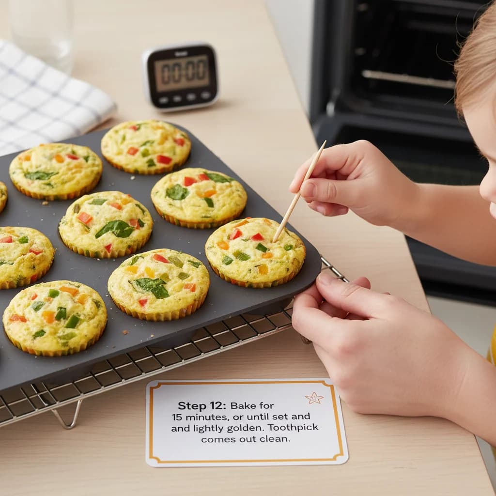 Step 12: Bake for 15 minutes, or until the egg muffins are set and lightly golden on top. A toothpick inserte for Egg & Veggie Bites (Mini Frittatas)