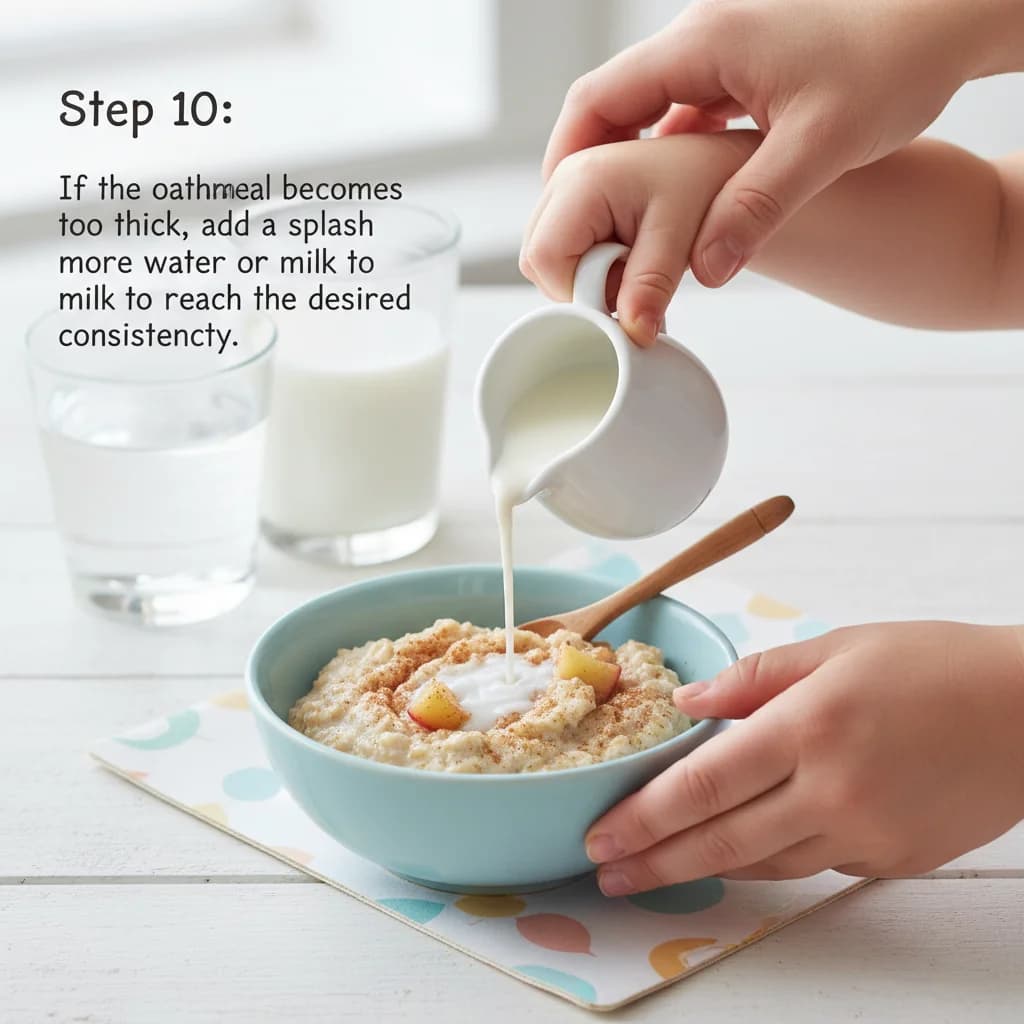 Step 10: If the oatmeal becomes too thick, add a splash more water or milk to reach the desired consistency. for Apple Cinnamon Cozy Oats