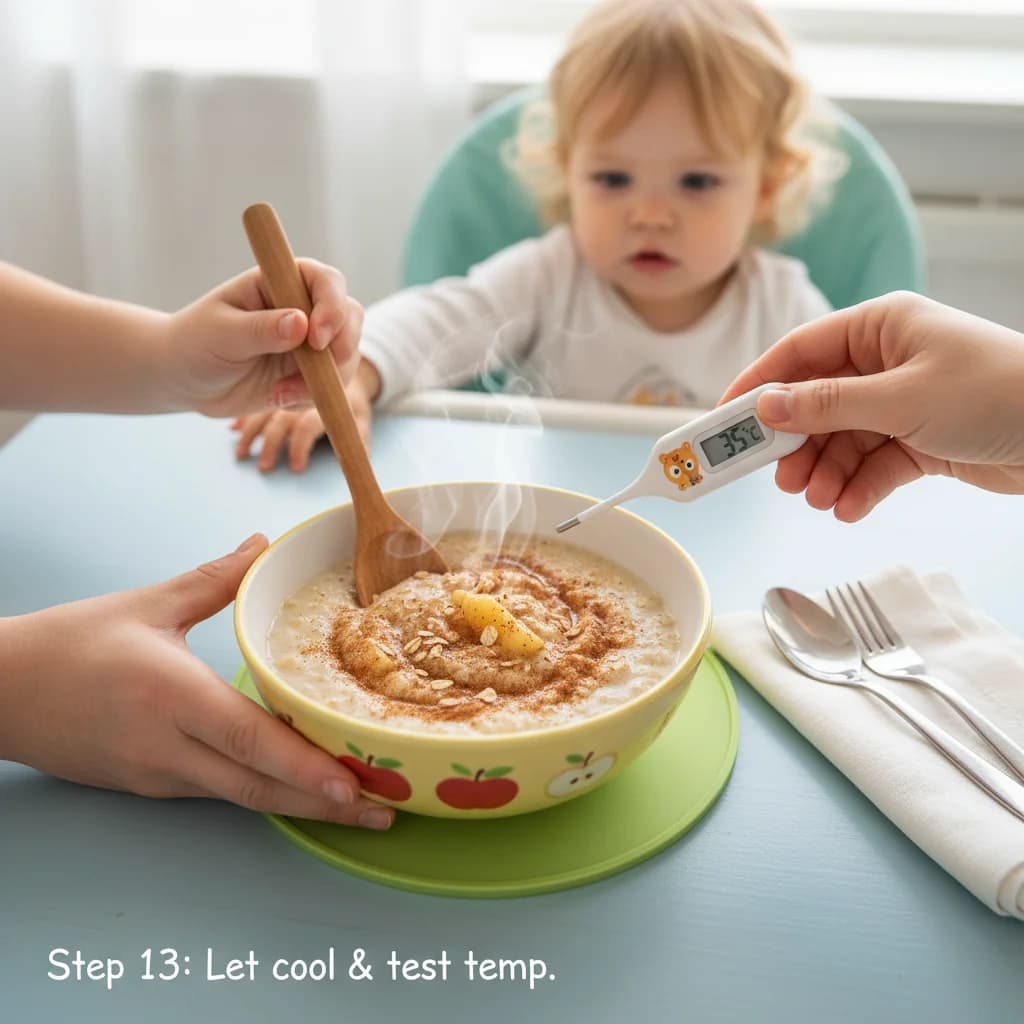 Step 13: Let the oatmeal cool slightly to a safe temperature before serving. Test the temperature before feed for Apple Cinnamon Cozy Oats