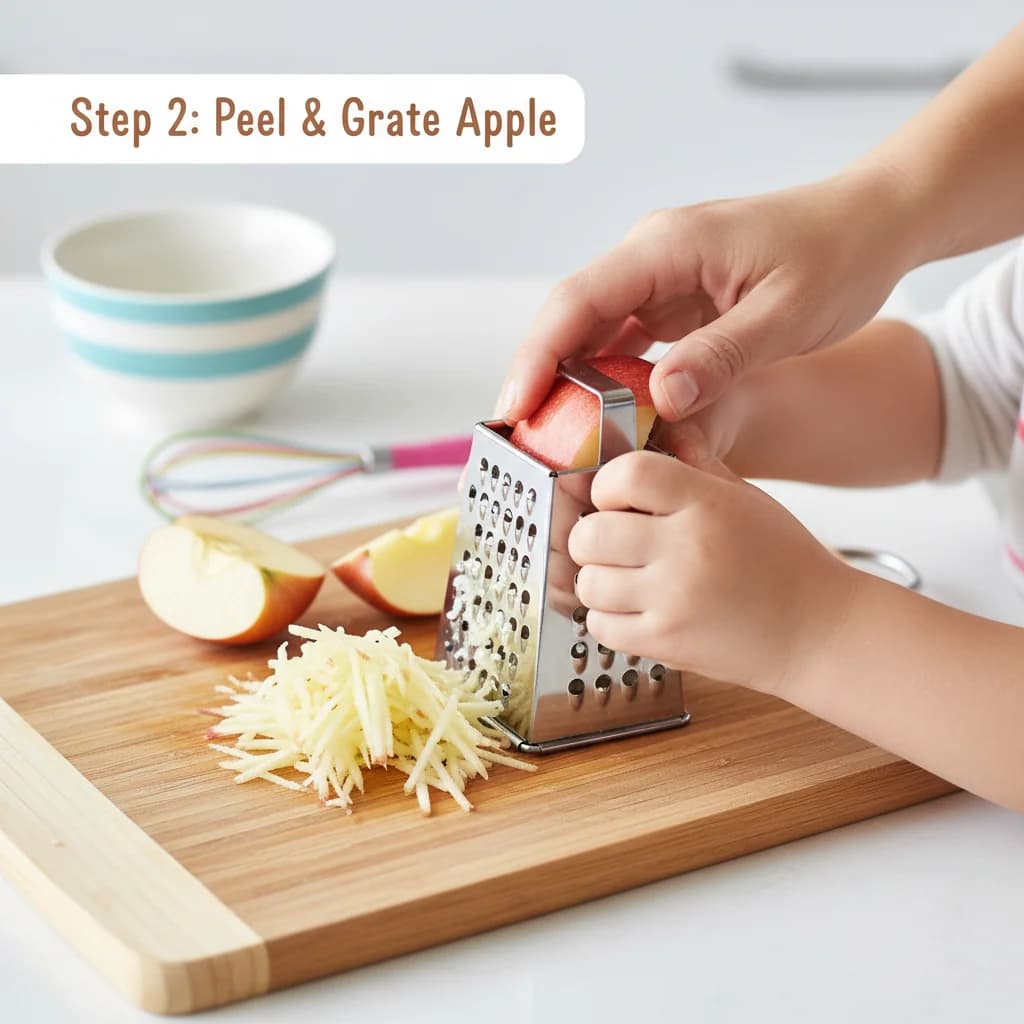 Step 2: Peel and finely chop or grate the apple. For younger toddlers, grating is recommended for easier eat for Apple Cinnamon Cozy Oats