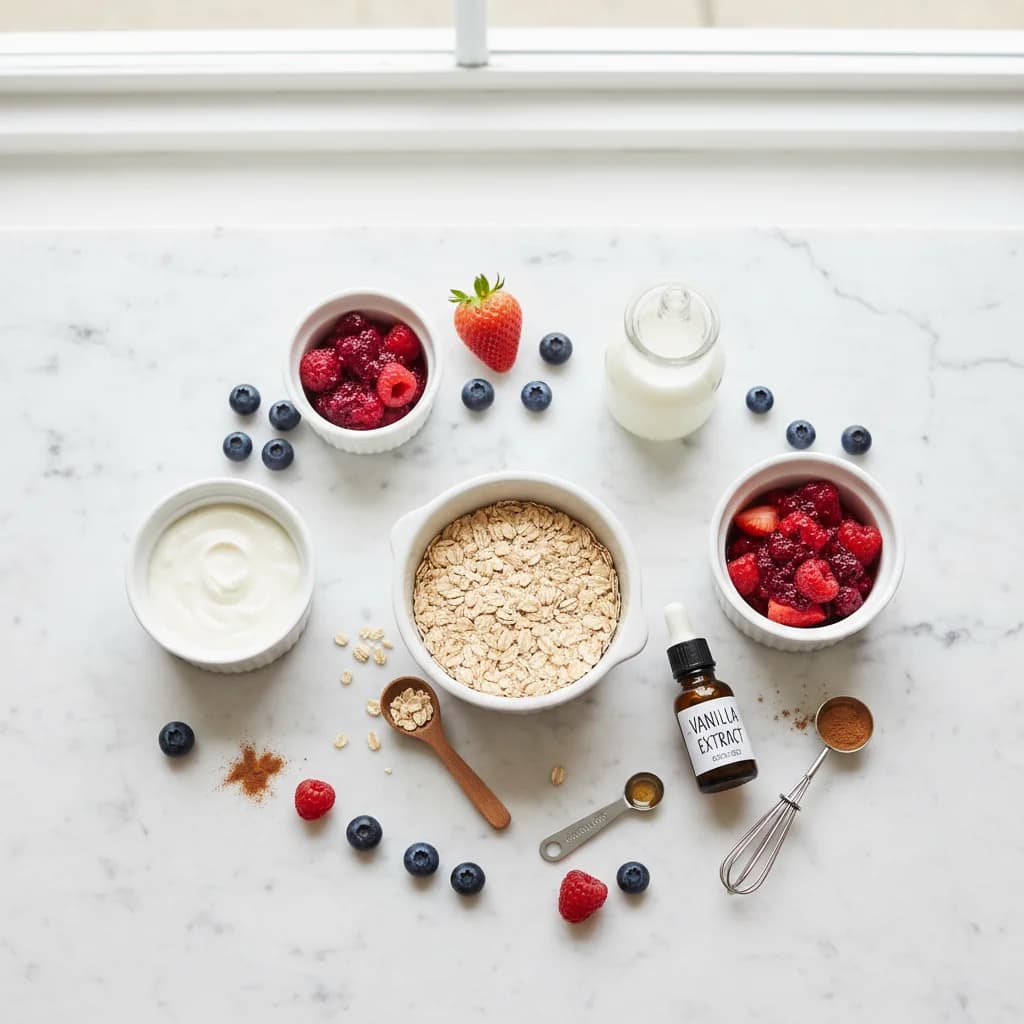 All ingredients needed for Berry Yummy Overnight Oats arranged on a clean surface
