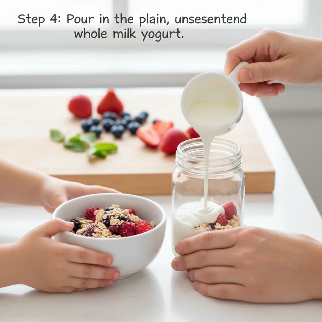 Step 4: Pour in the plain, unsweetened whole milk yogurt. for Berry Yummy Overnight Oats