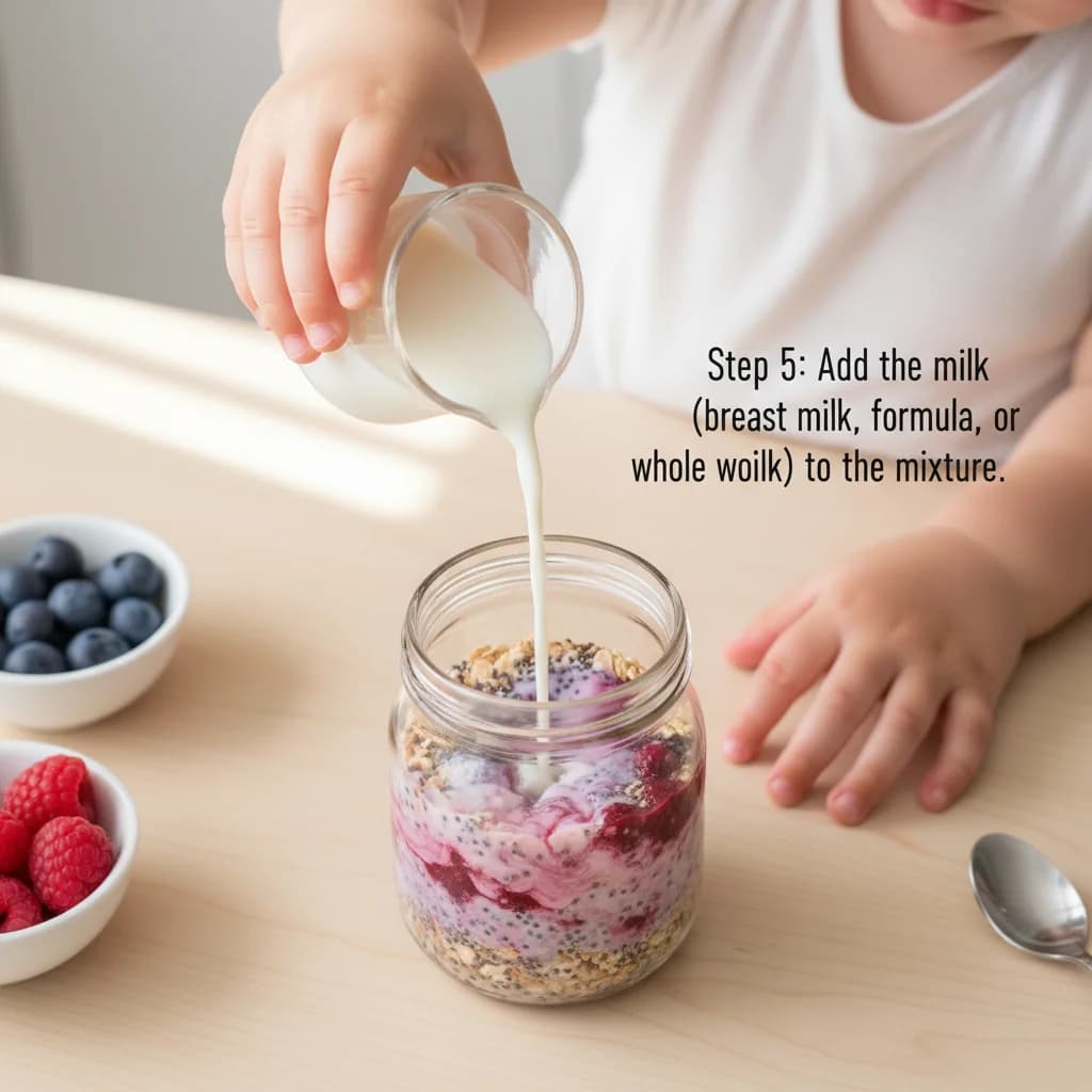 Step 5: Add the milk (breast milk, formula, or whole milk) to the mixture. for Berry Yummy Overnight Oats