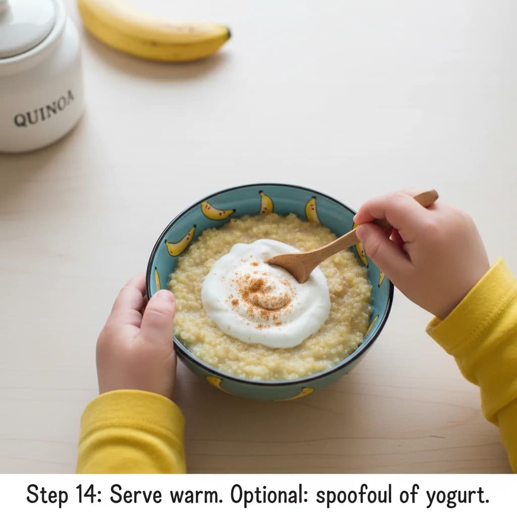 Step 14: Serve warm. You can also mix in a spoonful of yogurt on top for extra creaminess (optional). for Banana Quinoa Porridge: Tiny Tummies' Delight!