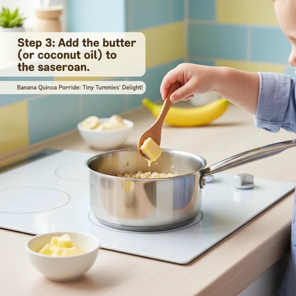 Step 3: Add the butter (or coconut oil) to the saucepan. for Banana Quinoa Porridge: Tiny Tummies' Delight!