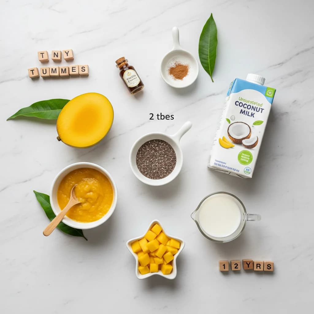 All ingredients needed for Mango Coconut Chia Pudding (Tiny Tummies Delight!) arranged on a clean surface