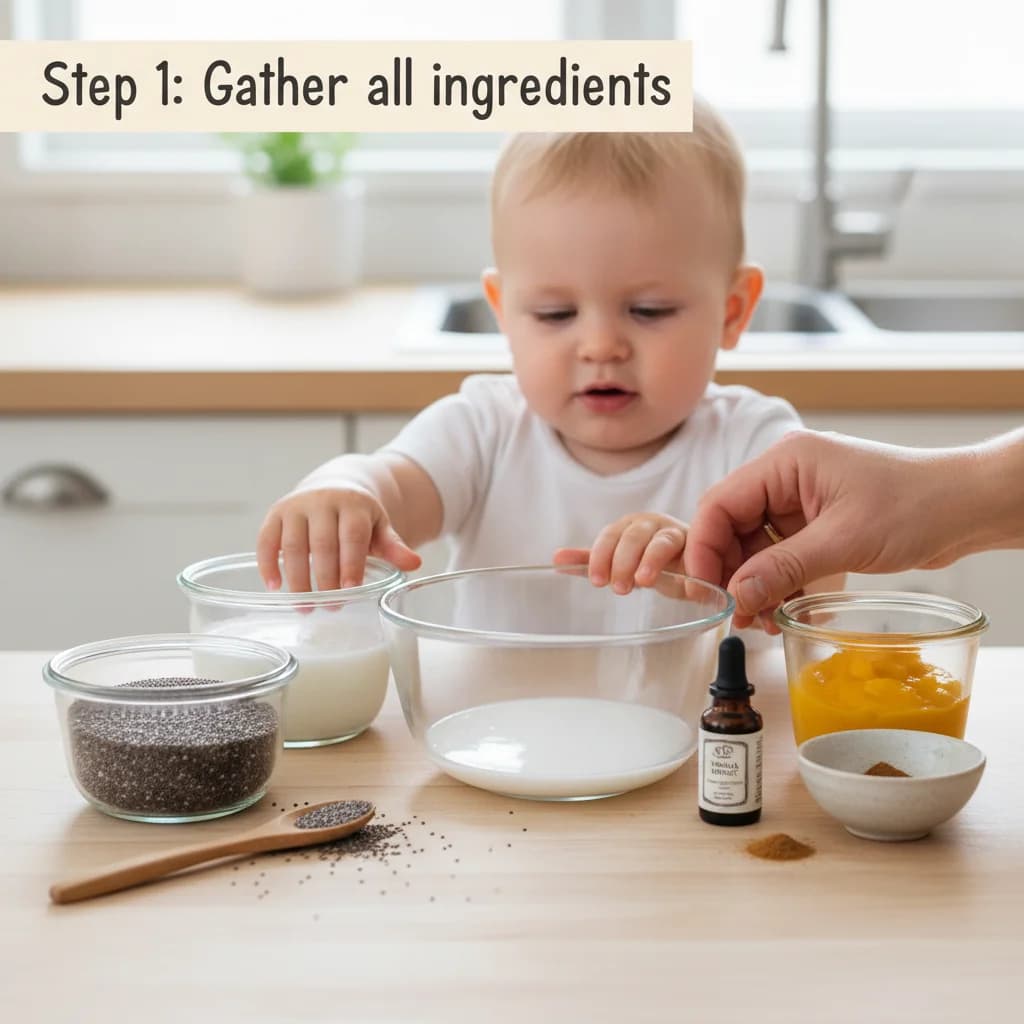 Step 1: Gather all ingredients: chia seeds, coconut milk, pureed mango, vanilla extract (if using), and cinn for Mango Coconut Chia Pudding (Tiny Tummies Delight!)