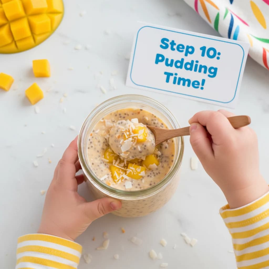 Step 10: After chilling, the chia seeds will have absorbed the liquid and the mixture will have thickened to for Mango Coconut Chia Pudding (Tiny Tummies Delight!)