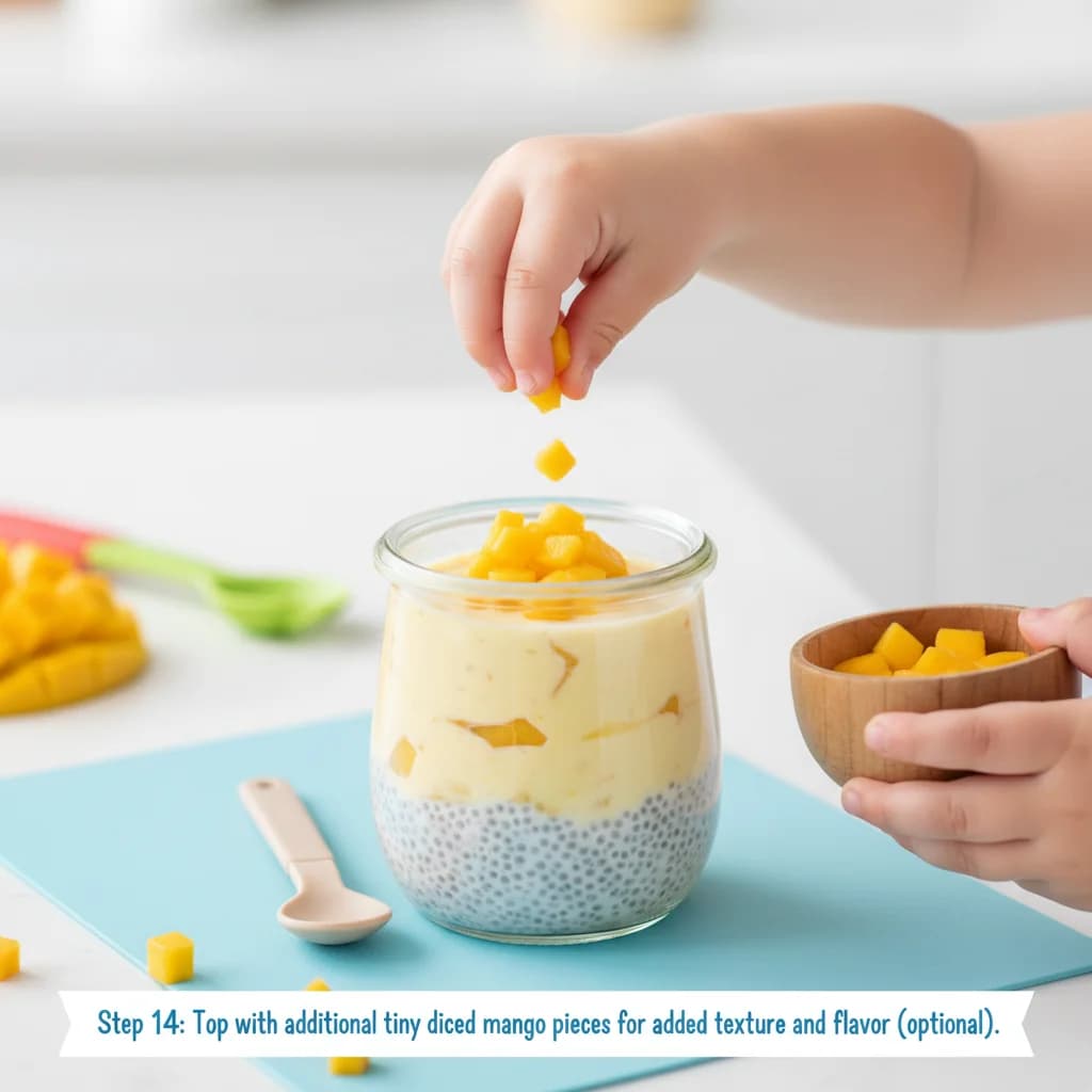 Step 14: Top with additional tiny diced mango pieces for added texture and flavor (optional). for Mango Coconut Chia Pudding (Tiny Tummies Delight!)