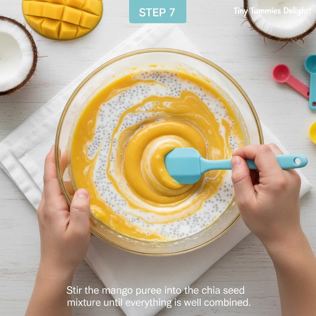 Step 7: Stir the mango puree into the chia seed mixture until everything is well combined. The mixture will for Mango Coconut Chia Pudding (Tiny Tummies Delight!)