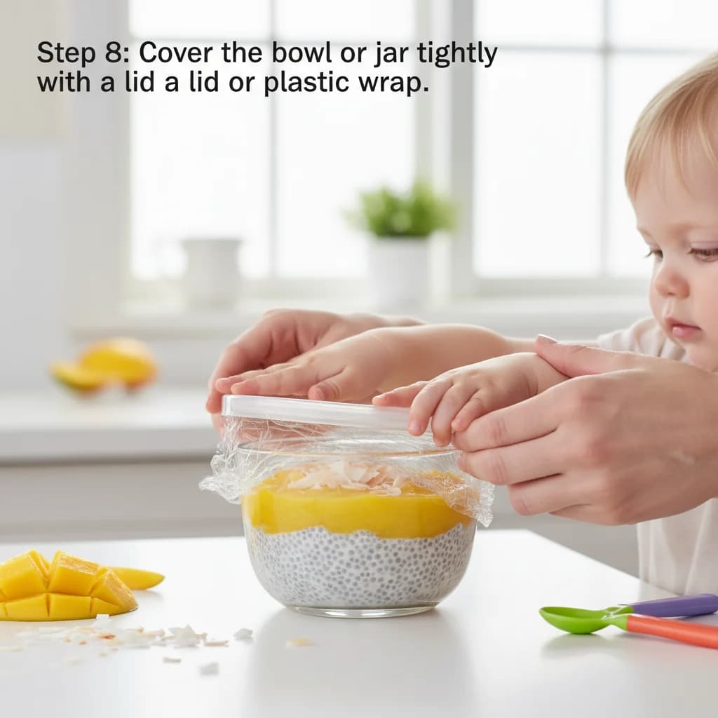 Step 8: Cover the bowl or jar tightly with a lid or plastic wrap. for Mango Coconut Chia Pudding (Tiny Tummies Delight!)