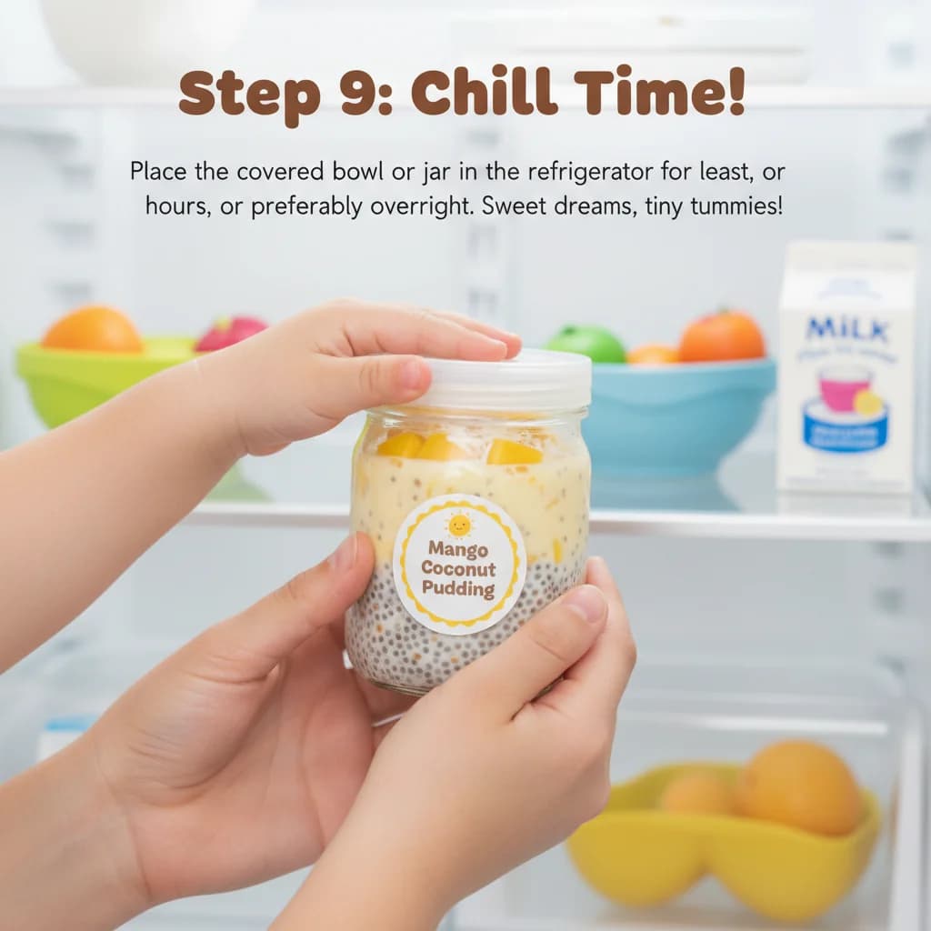 Step 9: Place the covered bowl or jar in the refrigerator for at least 2 hours, or preferably overnight. for Mango Coconut Chia Pudding (Tiny Tummies Delight!)