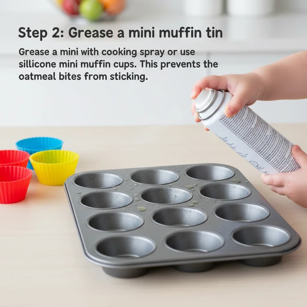 Step 2: Grease a mini muffin tin with cooking spray or use silicone mini muffin cups. This prevents the oatm for Berry-licious Baked Oatmeal Bites