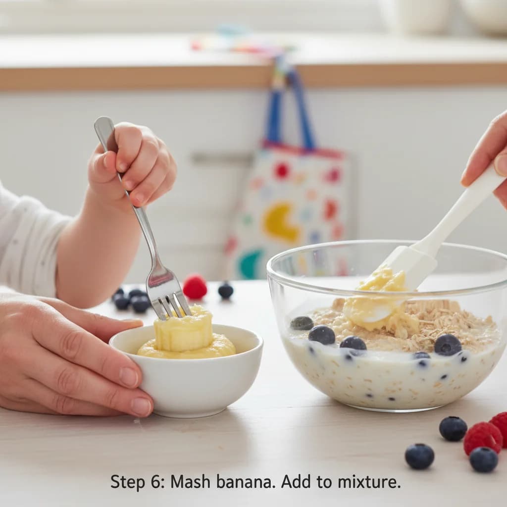 Step 6: Mash the ripe banana with a fork until smooth. Add the mashed banana to the oat mixture. for Berry-licious Baked Oatmeal Bites