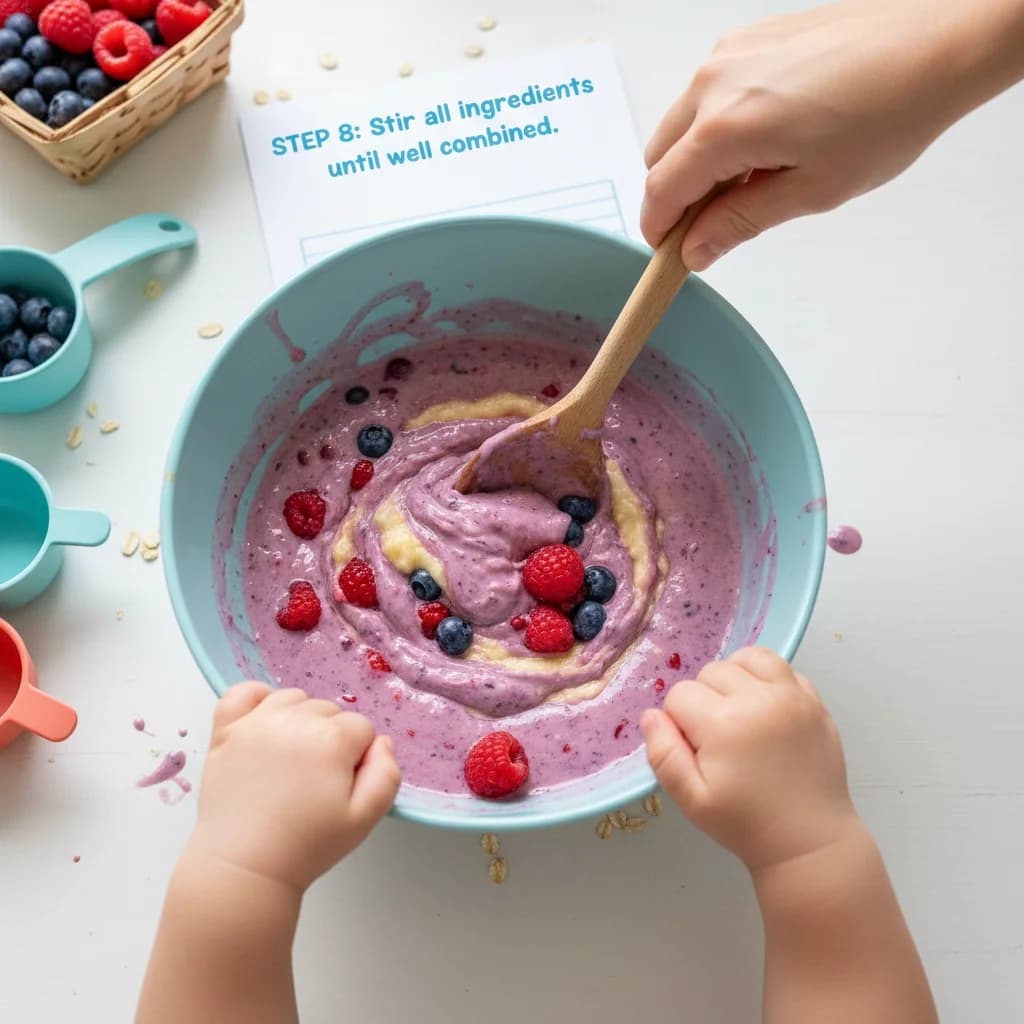 Step 8: Stir all the ingredients together until well combined. The mixture will be wet; this is normal. for Berry-licious Baked Oatmeal Bites