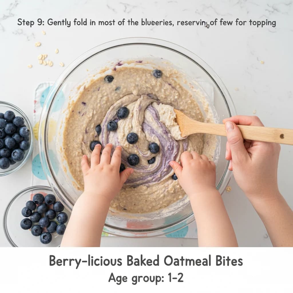 Step 9: Gently fold in most of the blueberries, reserving a few for topping. for Berry-licious Baked Oatmeal Bites